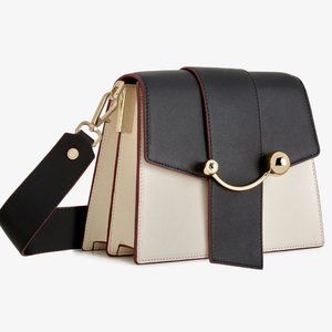 Strathberry Box Crescent Bag in Black/Vanilla with Claret Edge